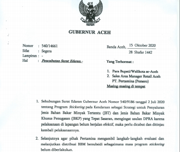 Plt Gubernur Cabut Surat Edaran Program Stiker BBM | Analisa Aceh