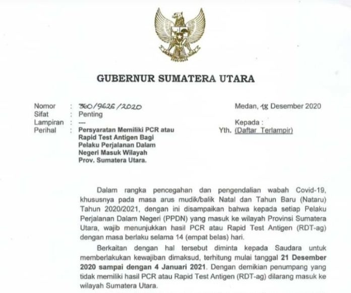 surat-yang-mengatur-masuk-sumut-wajib-bawa-hasil-rapid-test-antigen-atau-pcr-foto-dok-ist