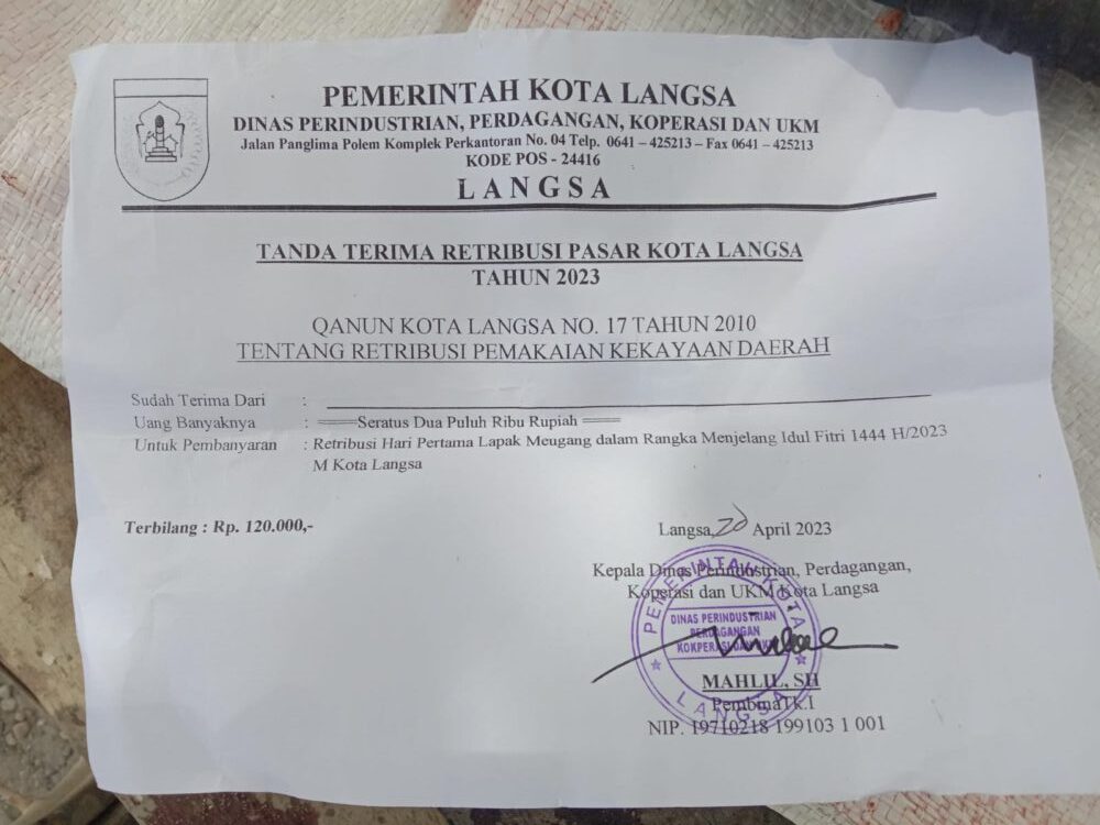 surat tanda terima retribusi pasar Kota Langsa