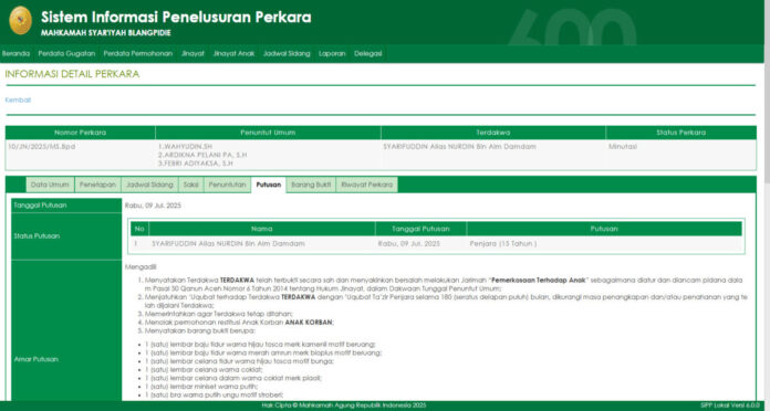 Putusan pengadilan Mahkamah Syar'iyah Blangpidie terkait kasus pemerkosaan anak tiri.
